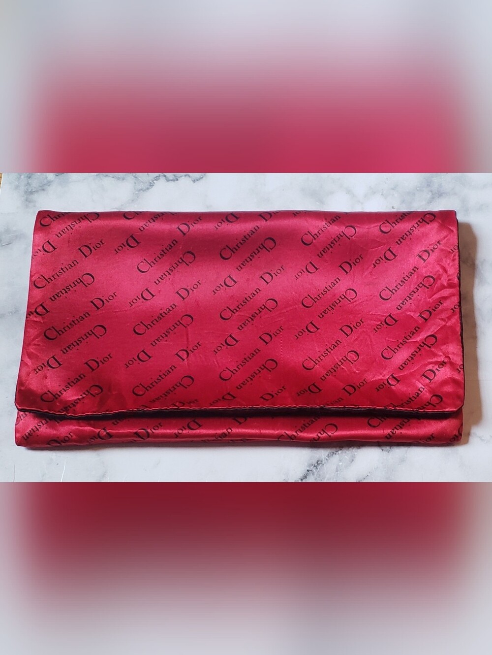 Vintage 50s 60s Christian Dior Red Satin Signature Cosmetic Bag Pouch Envelope